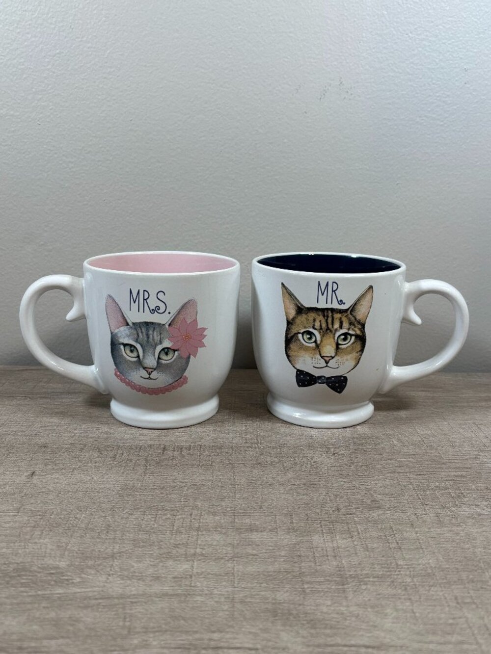 Mr. & Mrs. Kitty Coffee Mug Set Ceramic Pink Blue Bridal Couple